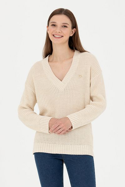 U.S. Polo Assn. Pulover de damă cu decolteu în V de culoarea pietrei - 50277292 -VR225