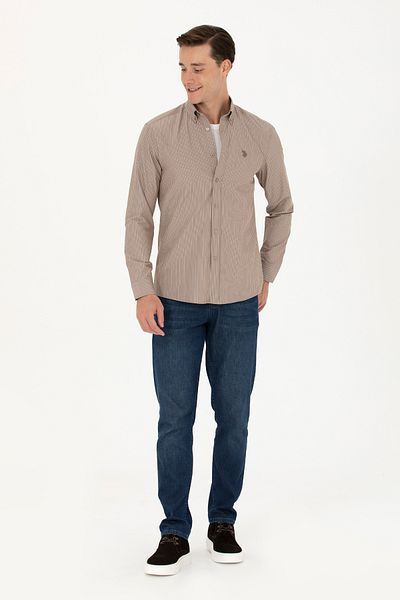 U.S. Polo Assn. Ανδρικό μακρυμάνικο πουκάμισο άμμου 50279471 -VR085