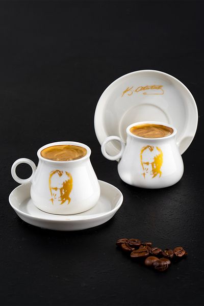 Porsima Ataturk Detailed Gold Gilded 6-Person Cup Set 12 Piece Turkish Coffee Set Coffee Cup