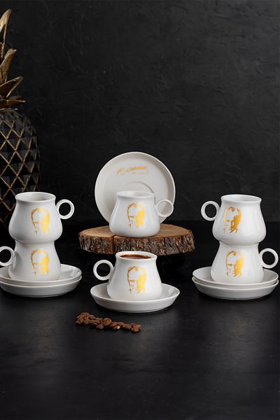 Porsima Ataturk Detailed Gold Gilded 6-Person Cup Set 12 Piece Turkish Coffee Set Coffee Cup