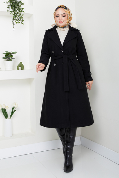 ModaMerve Чорний кашеміровий пальто з круазевим коміром - 16121BSK984-M
