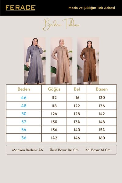 Ferace Women's Large Size Hijab Suede Cap Top Coat with Neck and Zipper Long Hijab Suede Top Coat