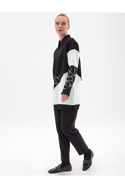 Kayra Marble Pattern Crew Neck Knitwear Tunic Black