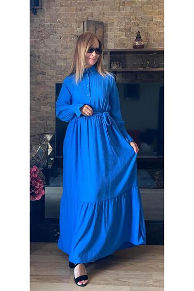 Cardella Çilek Dokuma Kemerli Kol Büzgü Detaylı Gömlek Yaka Elbise