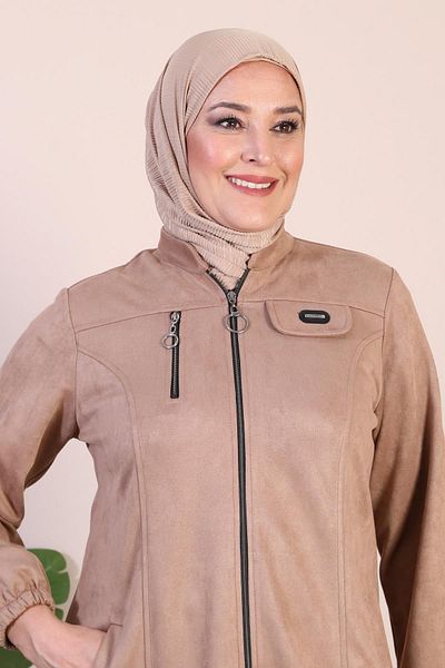 Ferace Women's Large Size Hijab Suede Cap Top Coat with Neck and Zipper Long Hijab Suede Top Coat