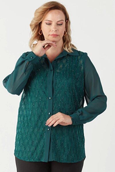 Moda Berray 3211 Simli Jakarlı Şifon Büyük Beden Şık Gömlek Yeşil