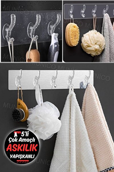 Gaggani Çok Amaçlı Pratik Heryere Yapışan Askılık Kancalı Askı 5 Kancalı Şeff...