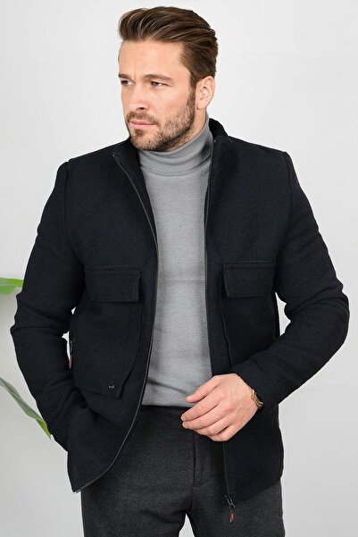 Edwox Тъмносиньо прилепнало мъжко палто - джобни детайли и подплата Edw033