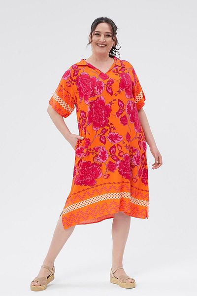 Ebsumu Orange Woven Printed - Shirt Collar Side Slit Women's Dress