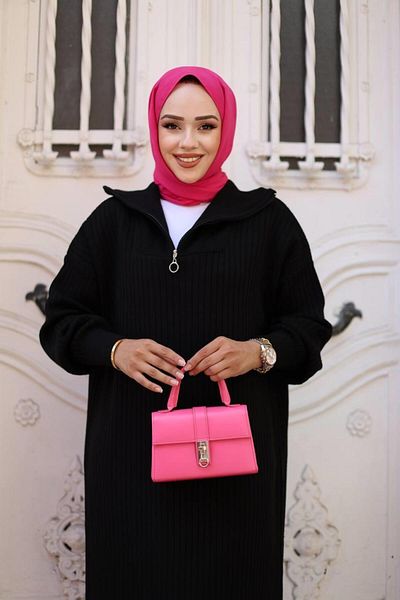 Cardella Ribbed Knitwear Dress - Zipper Collar Hijab Dress