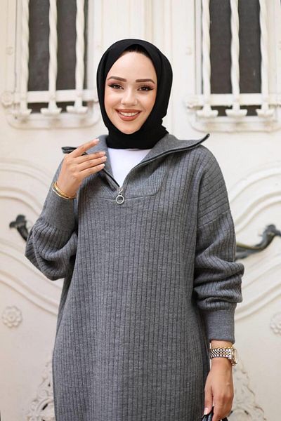 Cardella Hijab Ribbed Knitwear Φόρεμα - Γιακάς με φερμουάρ