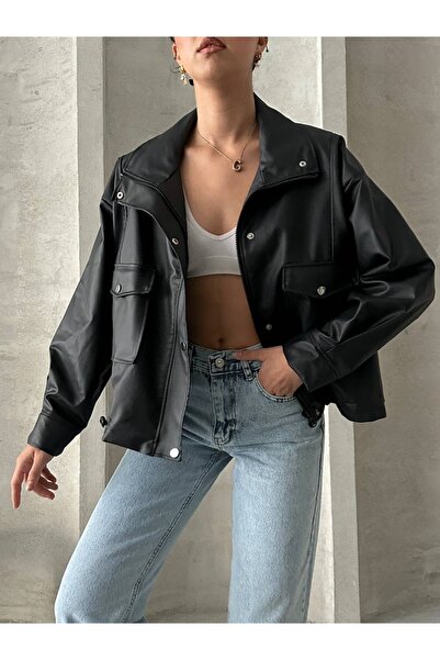 Ekim Store سترة جلدية سوداء بجيب مزدوج