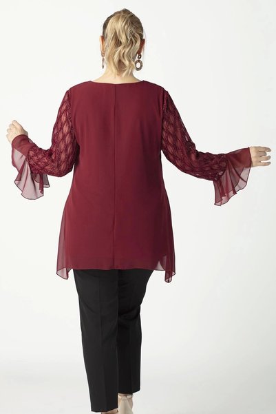 Moda Berray 1940 Kolu Jakarlı Şifon Büyük Beden Şık Bluz Bordo