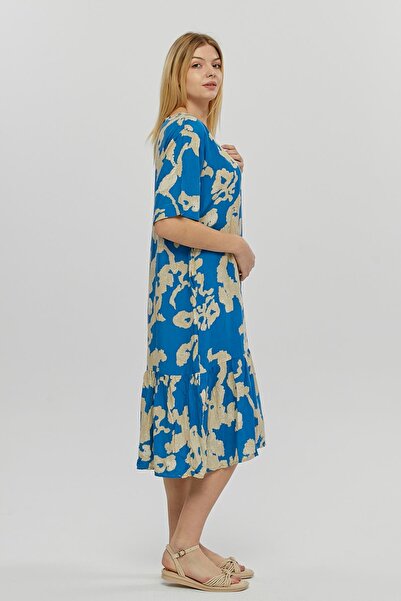 Ebsumu Γυναικείο υφαντό μπλε φόρεμα με πλισέ φούστα με λαιμόκοψη σε μεγάλο μέγεθος