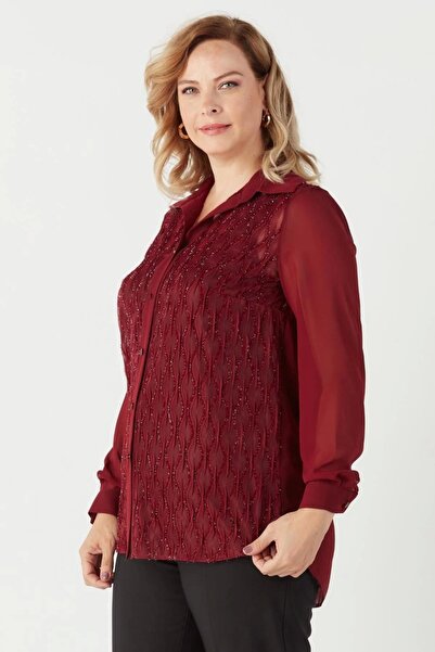 Moda Berray 3211 Simli Jakarlı Şifon Büyük Beden Şık Gömlek Bordo