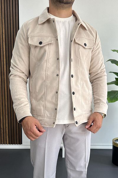 Edwox Ανδρικό Slim Fit Pocketed Nubuck Jacket Cream Edw081