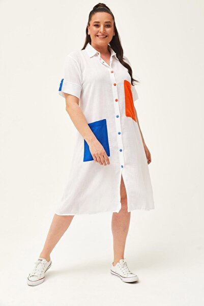 Ebsumu Γυναικείο φόρεμα με πολύχρωμο λευκό πουκάμισο με λεπτομέρεια τσέπης