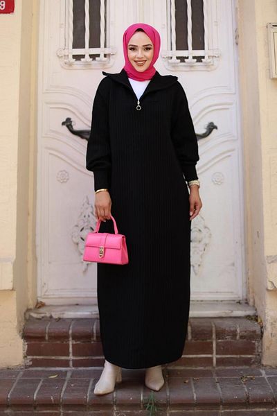 Cardella Ribbed Knitwear Dress - Zipper Collar Hijab Dress