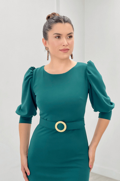 giyimmasalı Krep Kumaş Kolları Balon Detaylı Kalem Elbise - ZÜMRÜT YEŞİL