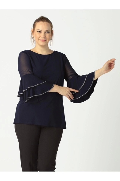 Moda Berray 4043 Lacivert Kolları Volanlı Esnek Şık Taşlı Büyük Beden Bluz