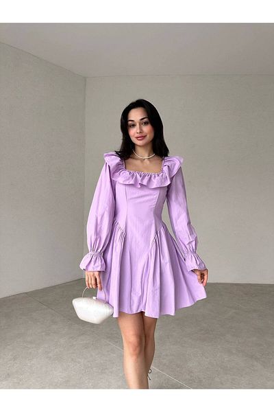 popibutik Collar Detailed Corset Form Poplin Fabric Mini Lilac Dress