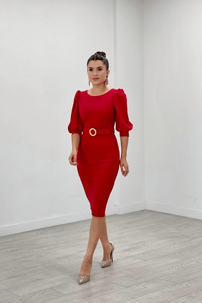 giyimmasalı Crepe Fabric Sleeves Balloon Detailed Pencil Dress - Red