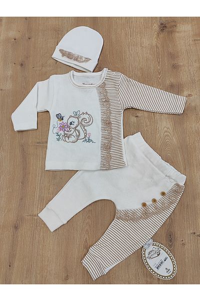Tomuycuk 100% Cotton Baby Girl/Child 3-Piece Set - Squirrel Embroidered & Hat Set
