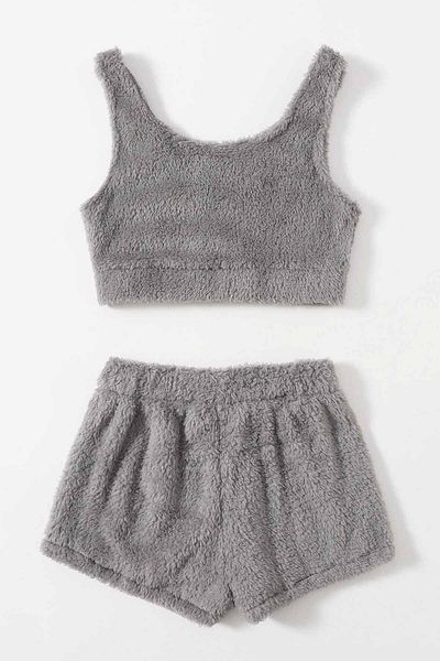 Merry See Sleeveless Strappy Plush Fleece Top and Bottom Shorts Pajama Set