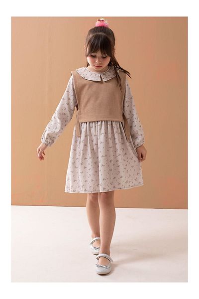Minigimin Cicileri Рокля с яка и пуловер за момиче My Little Flowers - Camel
