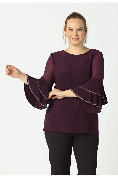 Moda Berray 4043 Mürdüm Kolları Volanlı Esnek Şık Taşlı Büyük Beden Bluz