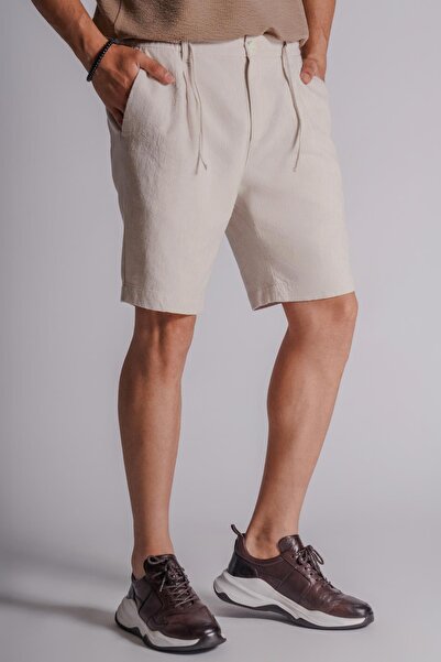 BRACCAS Μπεζ ανδρικό σορτς Chino - Πλαϊνές τσέπες και ελαστική μέση, λινό μείγμα, χαλαρή εφαρμογή