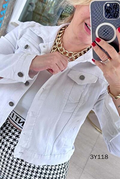 İnce Topuk White Lycra Denim Jacket - 3y118