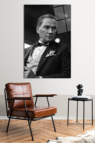 Vosevu Siyah Beyaz Yapay Zeka Atatürk Portresi Cam Tablo, Ev ve Ofis Dekoru, Hediyelik Duvar Dekorasyonu