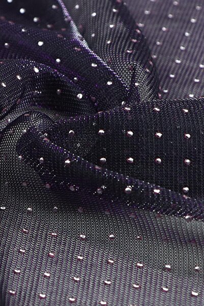 Kumaş Deposu Gümüş Taşlı Mor Tül Abiye Kumaş