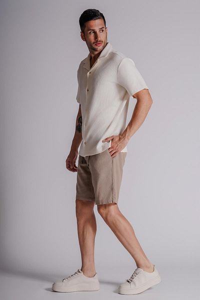 BRACCAS Men's Relaxed Fit Linen Look Chino Shorts - With Side Pockets and Elastic Waist, Mink