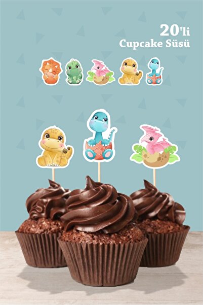 neşeli günlerim مجموعة من 20 زينة كب كيك على شكل ديناصور للأطفال