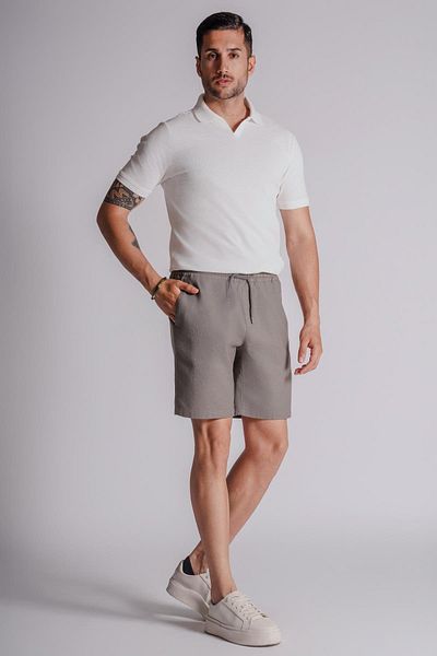 BRACCAS Khaki Men's Jogger Shorts - Side Pocket, Elastic Waist, Linen Texture, Relaxed Fit