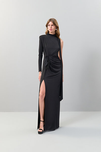 Roman Tek Kol Fular Yakalı Otriş Aksesuarlı Maksi Boy Elbise Siyah K2511326_001