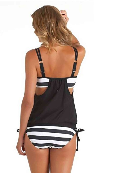 Angelsin Black and White Thick Striped Tankini Bikini Set
