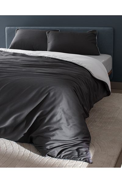 Madame Coco Verne Double 100% Cotton Piping Printed Satin Duvet Cover Set - Anthracite/White
