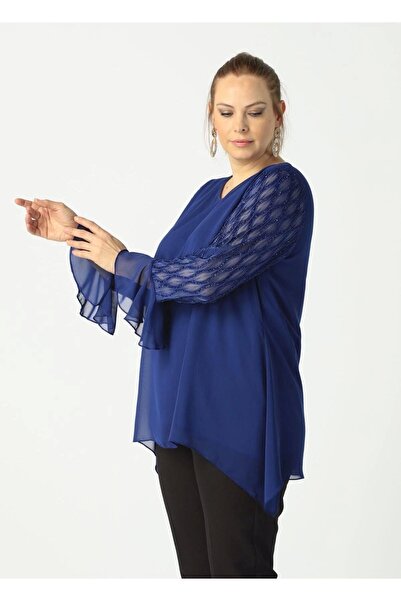Moda Berray 1940 Kolu Jakarlı Şifon Büyük Beden Şık Bluz Lacivert