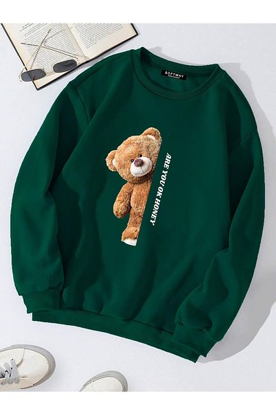 SOFTWAY Unisex Oversize Crew Neck Basic Are You Ok Honey εμπριμέ φούτερ - Σκούρο πράσινο