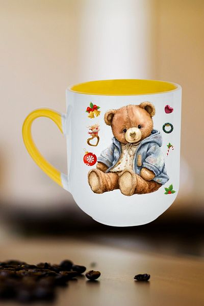 CAİSYA New Year Teddy Bear Printed Yellow Inside Luxury Mug Cup Porcelain Tea Coffee Cup