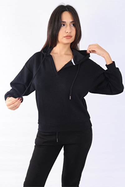 NEVEGE BUTİK Μαύρο μπλουζάκι Modal με κουκούλα V λαιμόκοψης - Γυναικείο