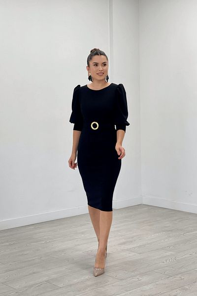 giyimmasalı Crepe Fabric Sleeves Balloon Detailed Pencil Dress - Black