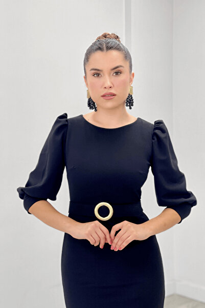 giyimmasalı Φόρεμα μολύβι με κρεπ υφασμάτινες λαβές με λεπτομέρεια μπαλόνι - ΜΑΥΡΟ