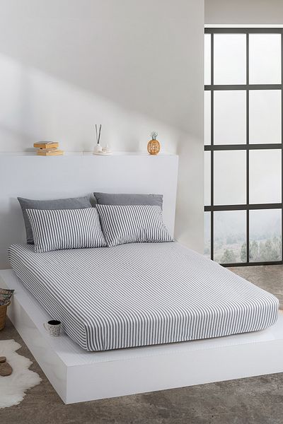 KetraHome طقم ملاءة مطاطية مخططة زيبرا مقاس كينج قطن 180 × 200 سم + 2 كيس وسادة