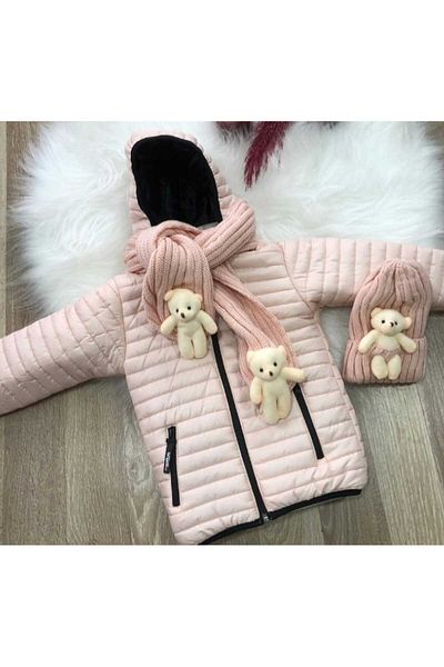 Retro Women Girl's Pink Hooded Teddy Bear Toy Scarf Beanie Set Daily Stylish Coat Coat Set