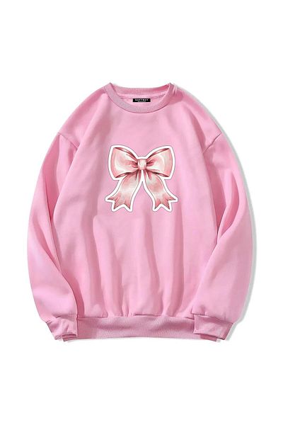 SOFTWAY Ροζ Unisex Oversize Crew Neck Ribbom εμπριμέ φούτερ