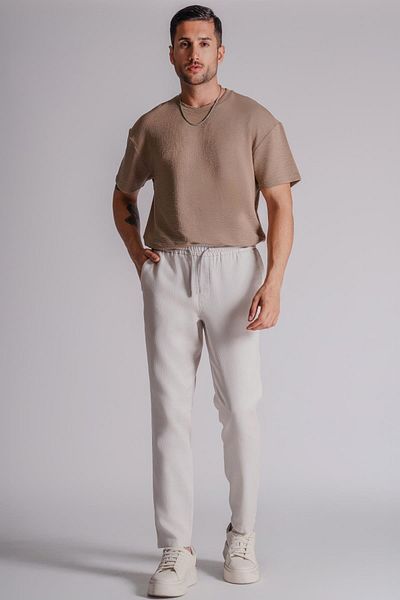 BRACCAS Linen Textured Men's Trousers - Side Pocket and Elastic Waist, Relaxed Fit Stone